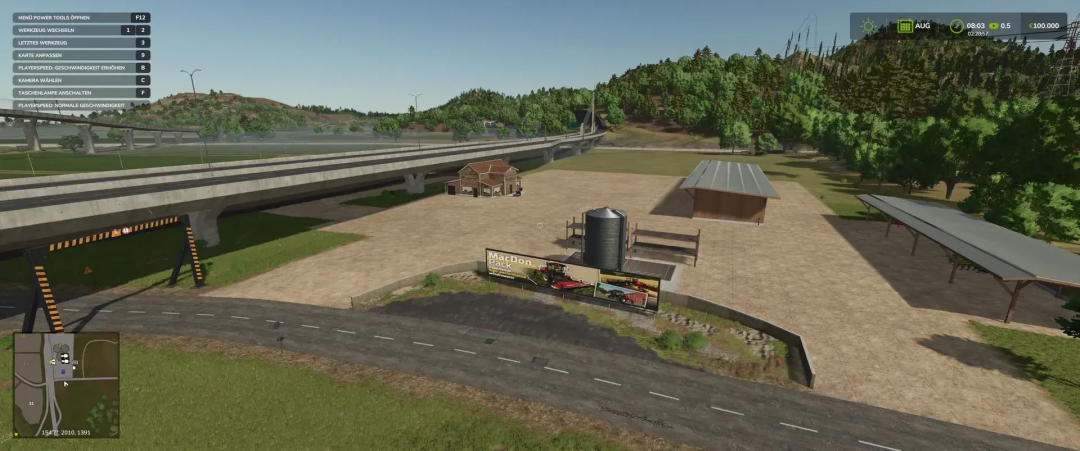 FS25 mod Hutan Pantai showing a highway, structures, and trees. Farming Simulator 25 mod environment.