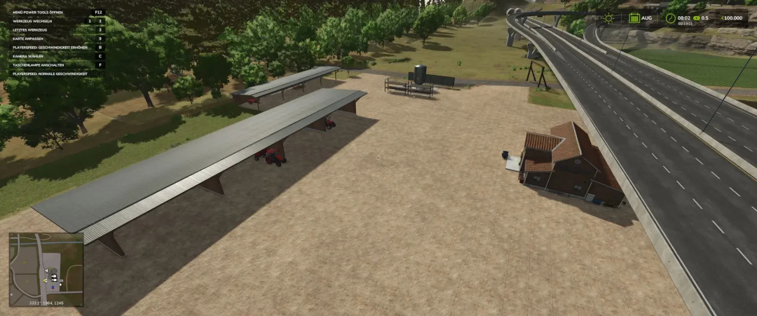 FS25 mod landscape from Hutan Pantai by Mahoni v1.0.0.0 showing a highway, trees, and sheds.