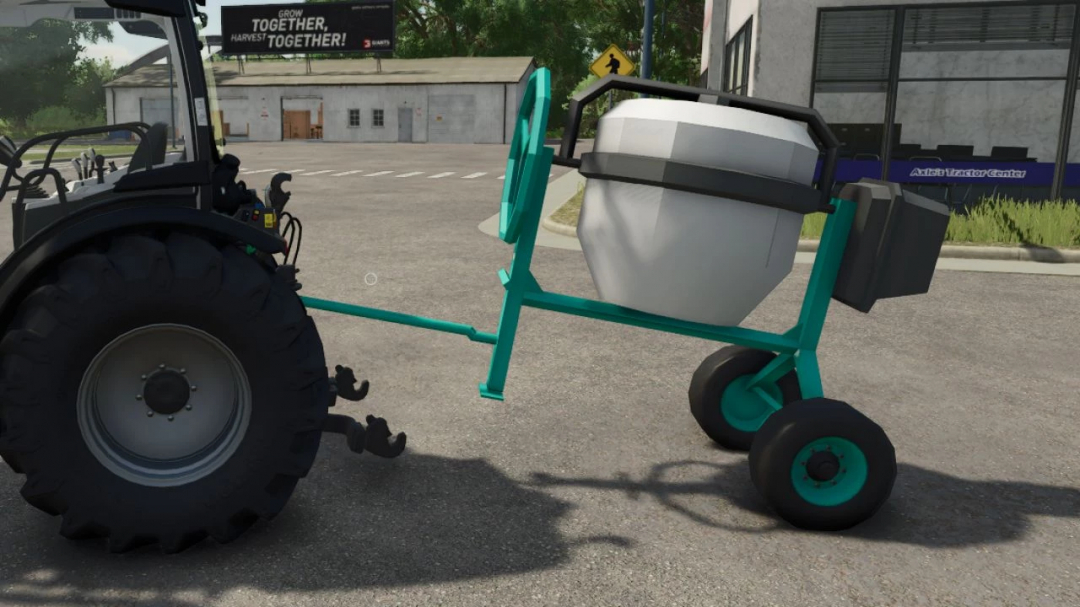 IMER concrete mixer mod for FS25 attached to a tractor, showcasing its design in Farming Simulator 25.