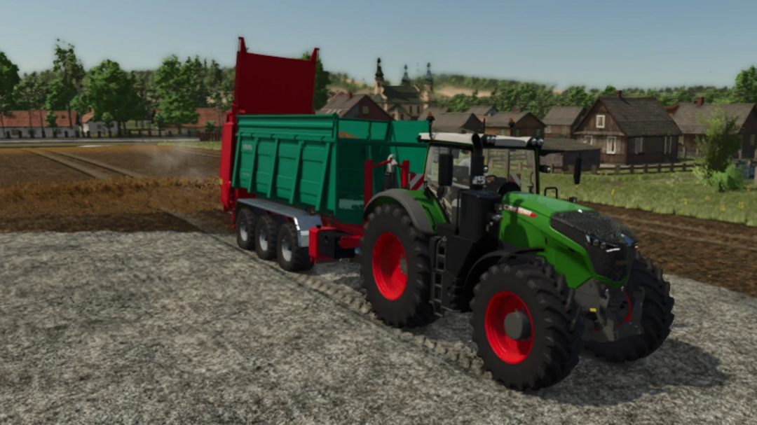 FS25 mod ITRunner Pack v1.0.0.0 showcasing a green tractor with a red trailer in a farm setting.