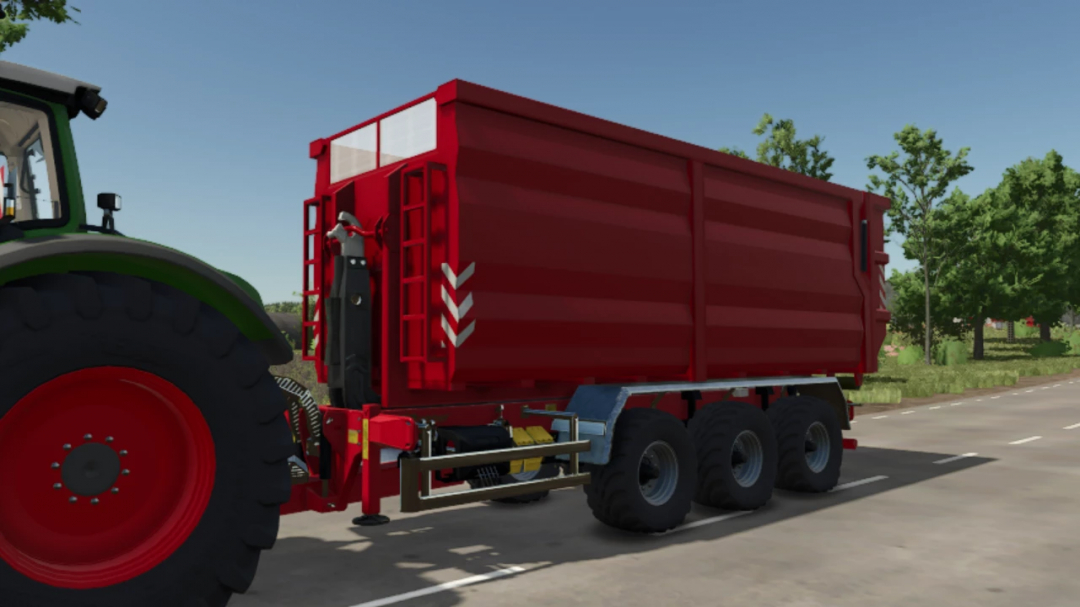 Red trailer from ITRunner Pack in FS25 seen hitched to a green tractor.