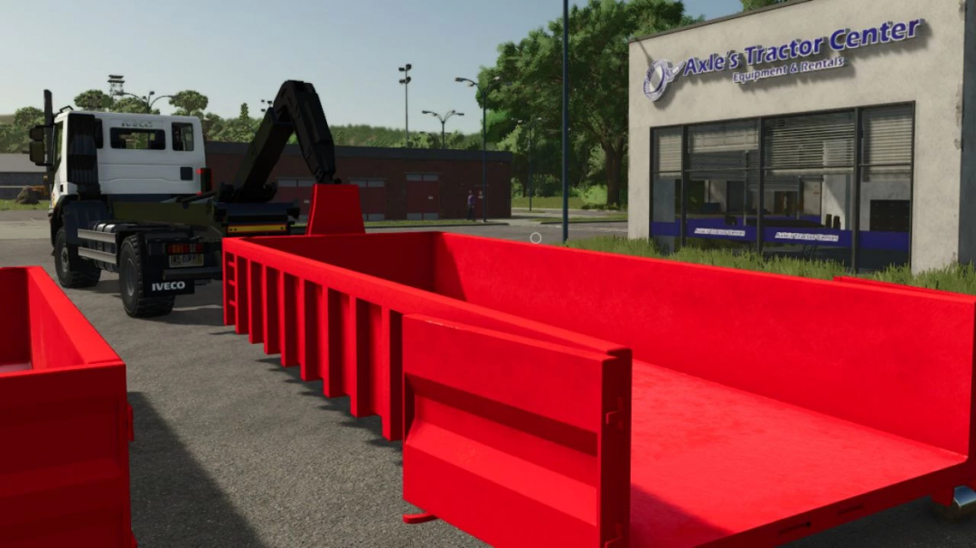 Iveco X-Way ITRunner mod for FS25 shown near Axle's Tractor Center. The vehicle features a red container attachment.