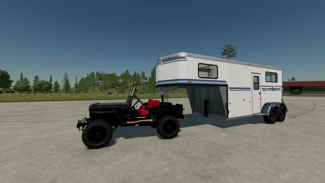 FS22 JW Military 4x4 mod featuring a black military vehicle towing a white trailer on a farm.