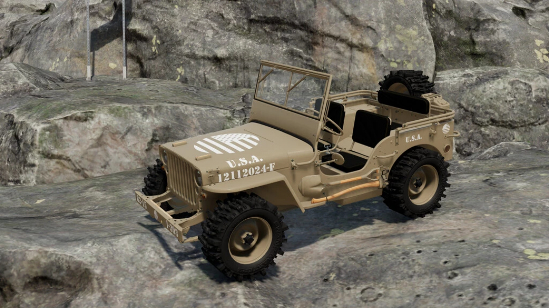 FS22 mod JW Military 4x4 v1.0.0.0 depicting a vintage military jeep on rocky terrain in Farming Simulator 22.