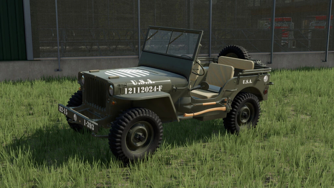 FS22 mod featuring JW Military 4x4 vehicle in grass field, showcasing realistic military design.