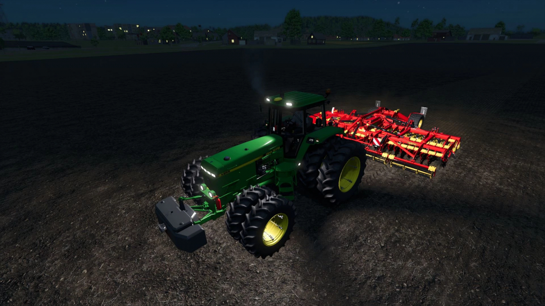 John Deere 4755 tractor mod in FS25, working at night with machinery attachment.