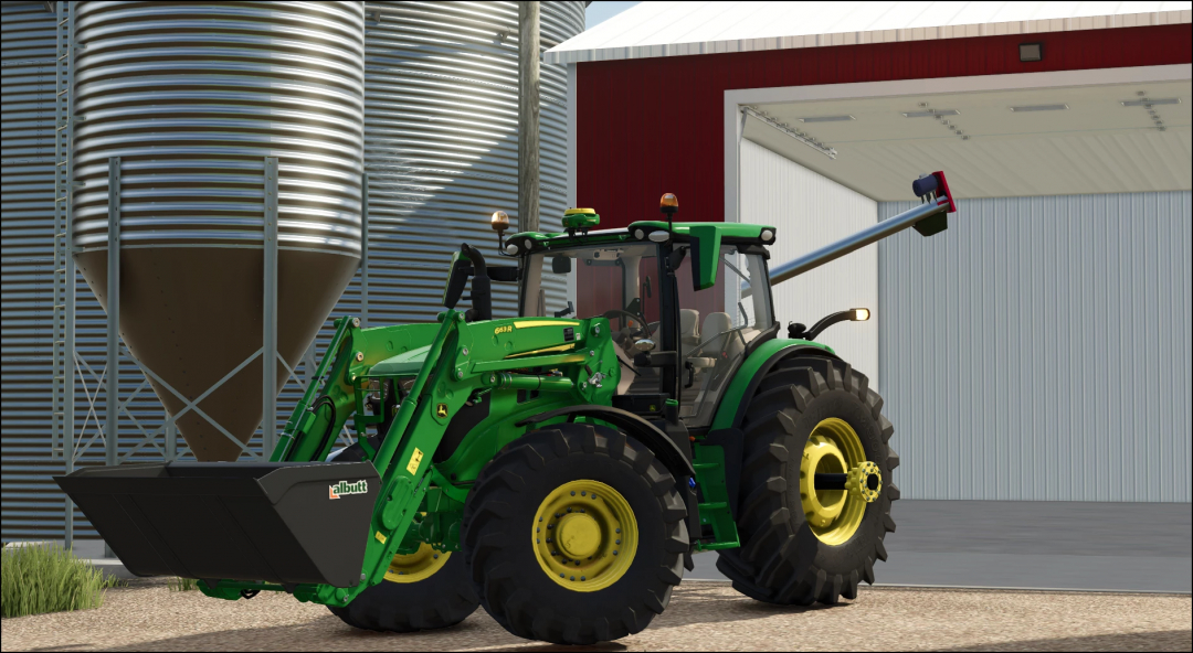 John Deere 6R tractor mod for Farming Simulator 25 with loader attachment, featuring US style in front of a barn.