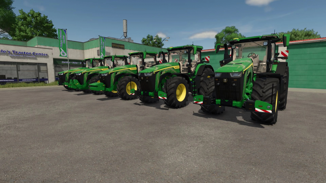 Row of John Deere 8R Series 2022 tractors in Farming Simulator 25 mod.