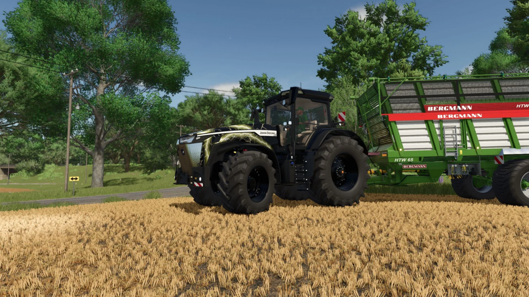 John Deere 8R Series 2022 Special Edition mod in FS25, featuring a tractor towing a Bergmann trailer in a lush field.