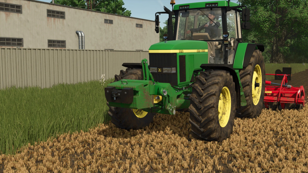 John Deere tractor with Slice Weight mod working in FS25 field. Farming Simulator 25 mods enhance gameplay realism.