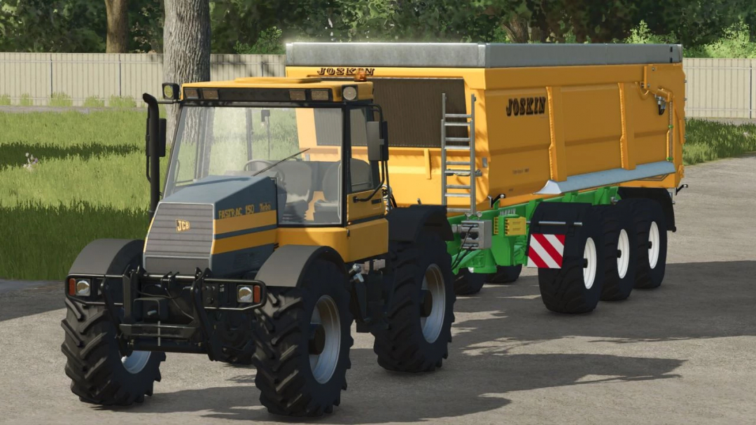 FS25 mod: Joskin TransSpace 8000 v1.0.0.0 with a yellow trailer attached to a tractor in Farming Simulator 25.