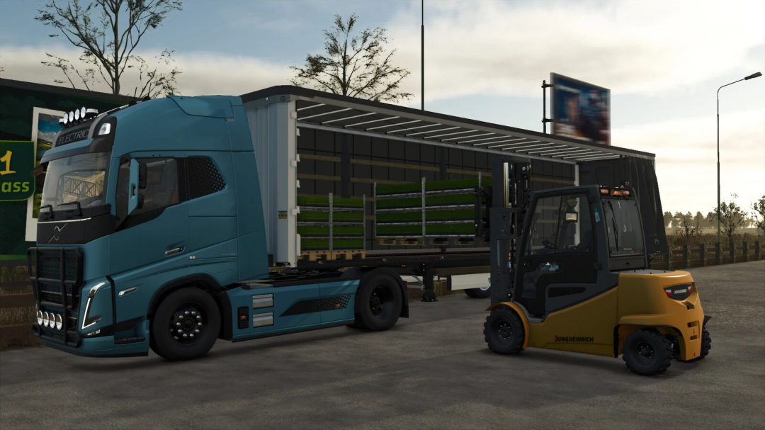 Jungheinrich EFG S50 forklift mod in FS25 next to a truck, v1.0.0.0