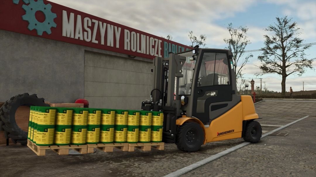 Jungheinrich EFG S50 forklift carrying pallets in FS25 mod at a farm storage.