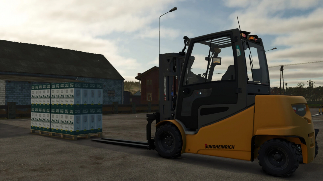 Jungheinrich EFG S50 forklift mod in Farming Simulator 25, carrying a palette of boxes near a barn.