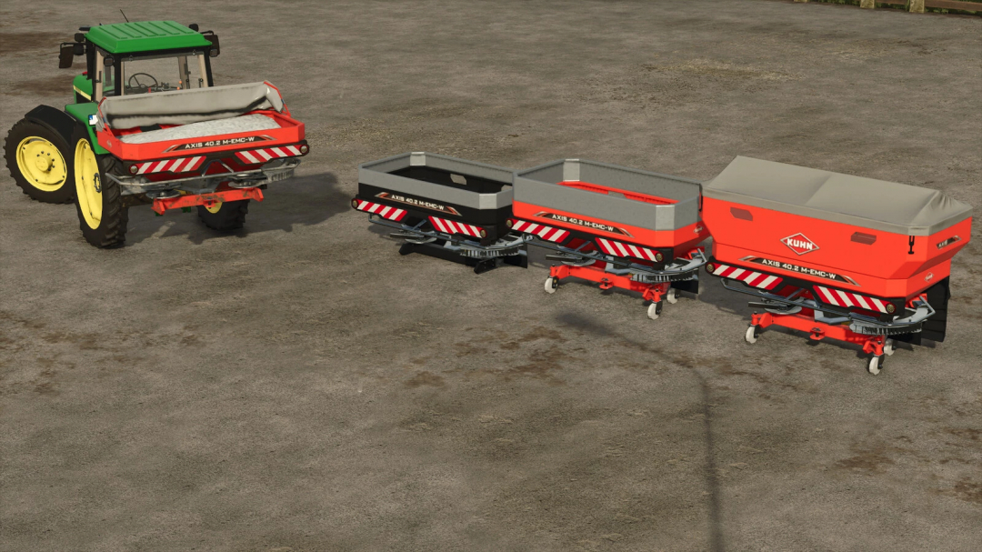 FS25 mod Kuhn Axis 402 v1.0.0.0 showing a tractor with a fertilizer spreader and attachments.