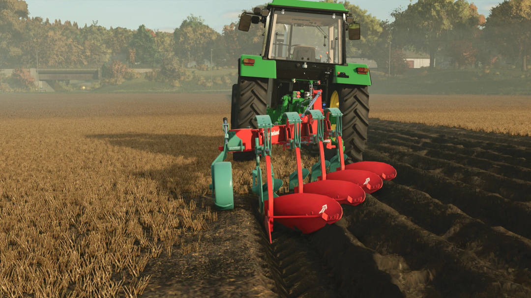 Kverneland AB 85 mod in FS25 shows a tractor plowing a field with detailed equipment.