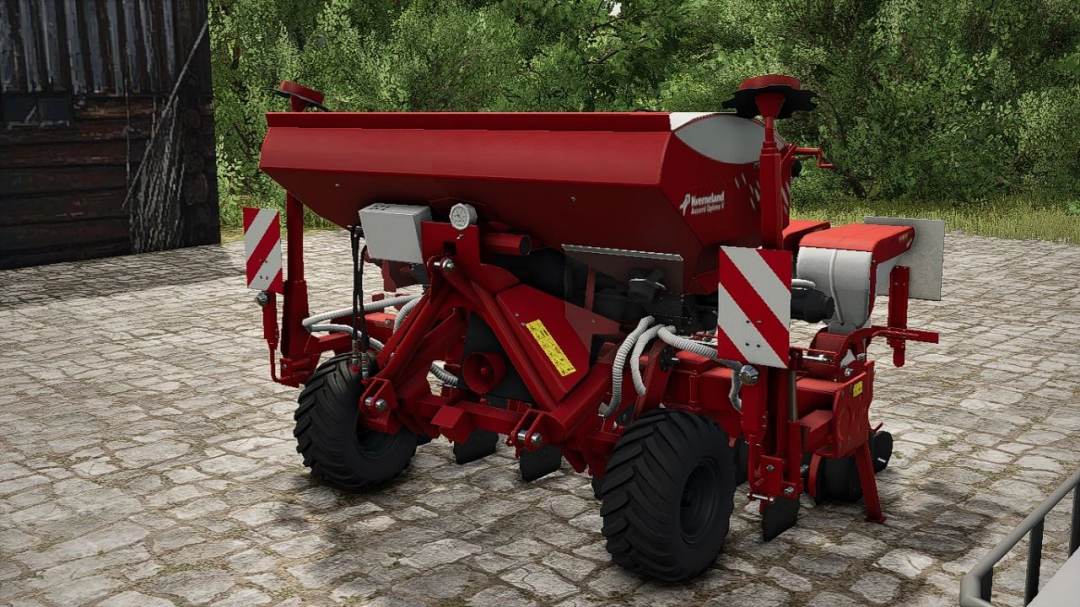 Kverneland Optima V mod for FS25, showcasing a detailed red seeder on a stone-paved farmyard.