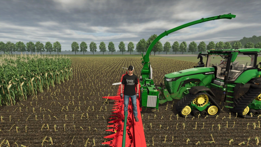 FS25 mod Lacotec LH II used with John Deere tractor in a cornfield.