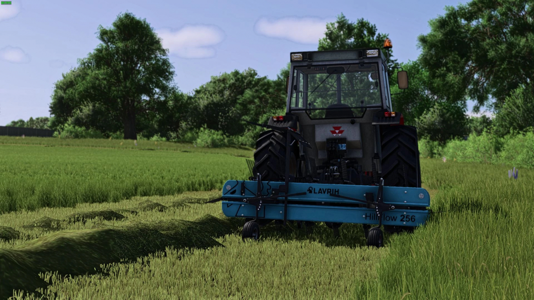 Lavrih HillFlow 256 mod in FS25, showing a tractor operating in a lush green field.