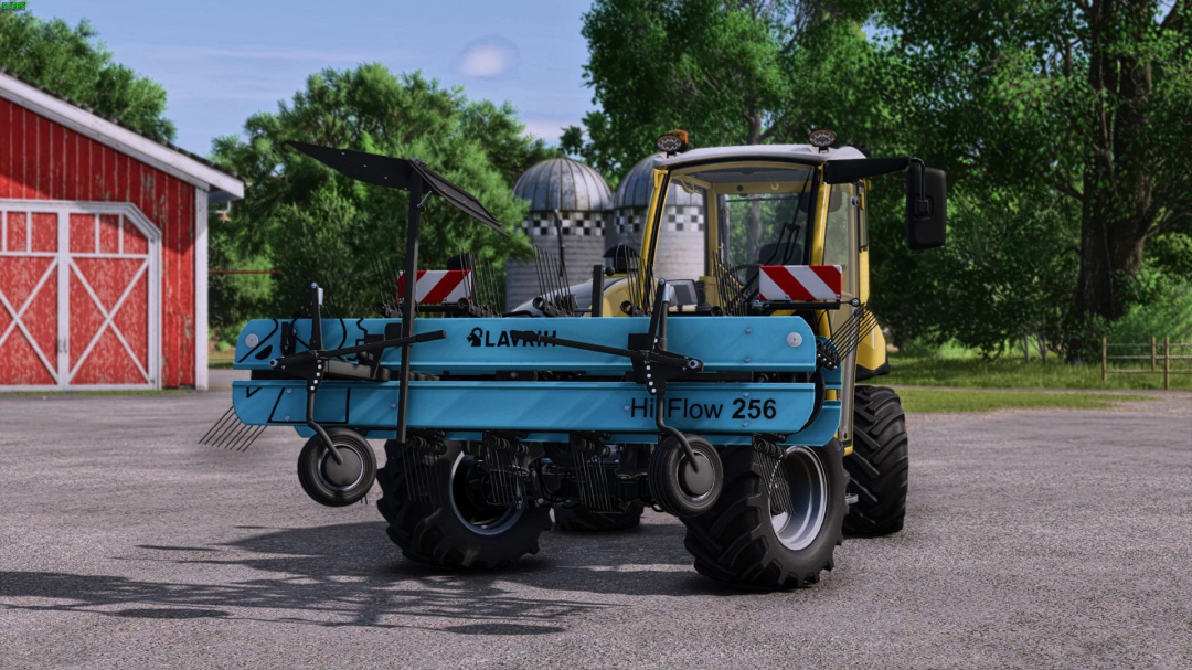 FS25 mod Lavrih HillFlow 256 v1.0.0.0, a blue farm implement attached to a tractor, displayed near a red barn and silos.