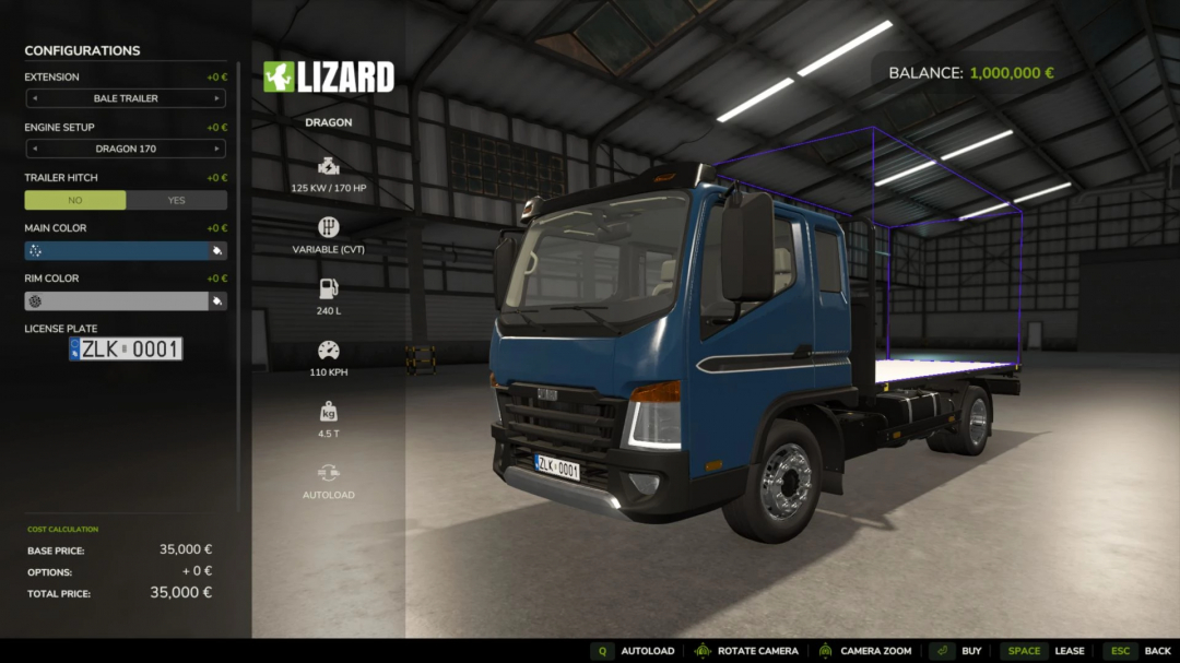 Lizard Dragon Enhanced Edition v1.0.0.0 mod in FS25 showing blue truck configurations in a garage.