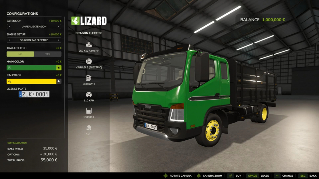 FS25 mod Lizard Dragon Electric truck in green with customization options displayed.