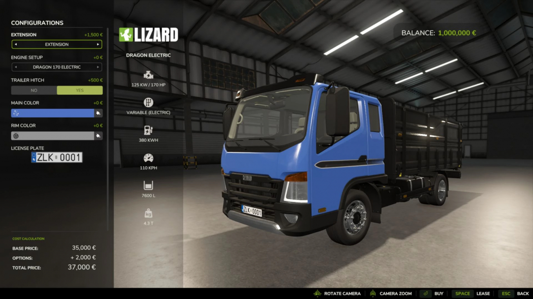 FS25 mod Lizard Dragon Enhanced Edition v1.0.0.0 featuring a blue electric truck with configurations menu in a garage.