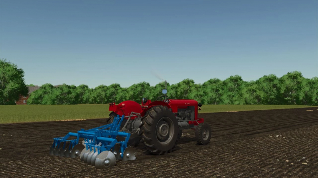 Red tractor with blue plow attachment in Farming Simulator 25 mod Lizard OLT v1.0.0.0.