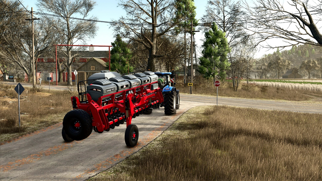 FS25 mod Lizard SSM FFI v1.0.0.0 depicted on a rural road, showing detailed farm equipment.