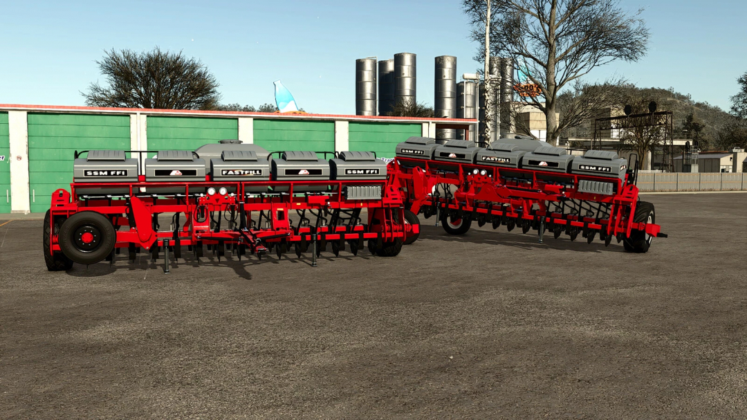 Lizard SSM FFI v1.0.0.0 mod for FS25, featuring red farming machinery parked in front of green doors.