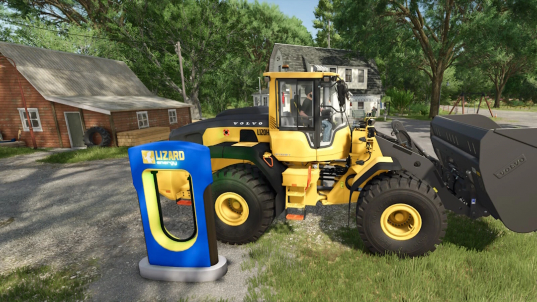 Lizard Super Fast Charging Station in FS25 with a yellow loader. Farming Simulator 25 mod enhances gameplay.