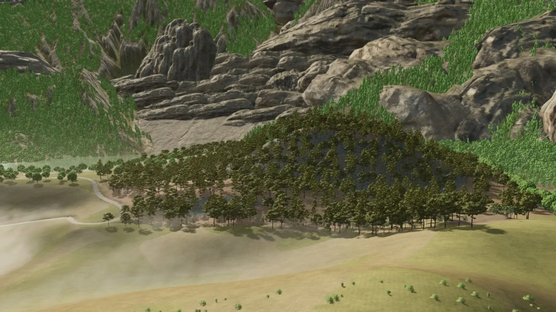 LoneHills Map v1.0.9.0 for FS25 showcases a lush forest and rugged mountains.