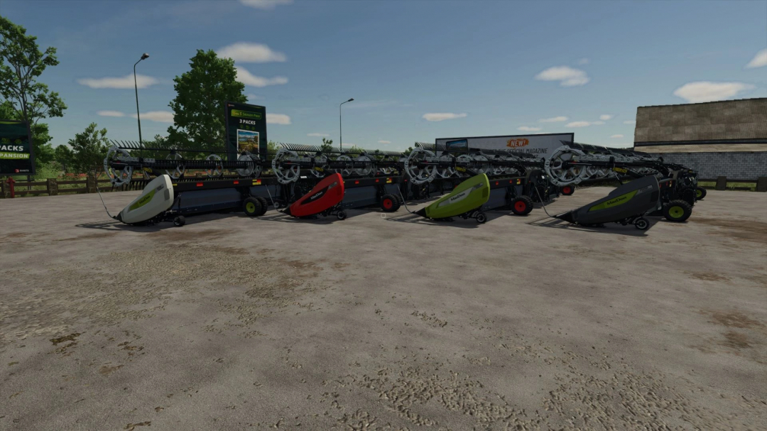 FS25 MacDon FD250 Claas Edition mod showcases various agricultural machinery on pavement.