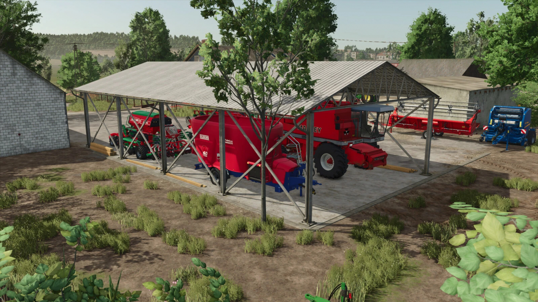 FS25 mods: Machine Shelter v1.0.0.0 showcasing farming equipment stored under a large shelter.