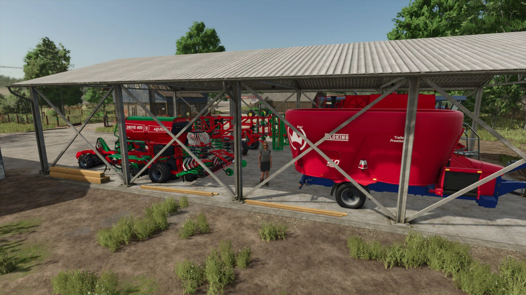 Machine shelter in FS25 mod displaying agricultural equipment storage.