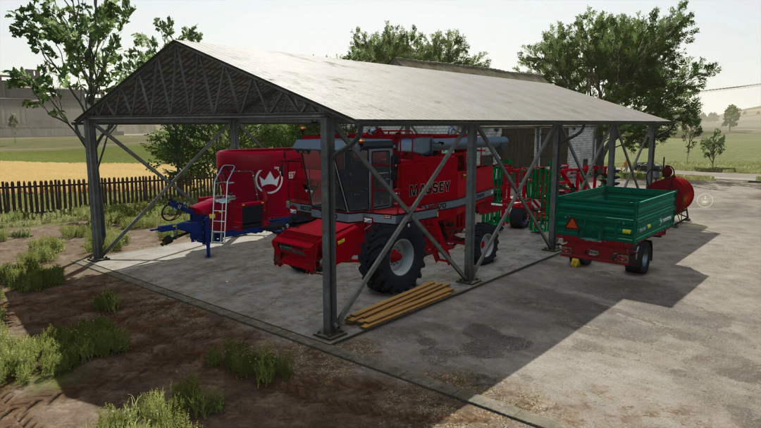 FS25 mod: Machine Shelter v1.0.0.0 showcasing stored equipment.