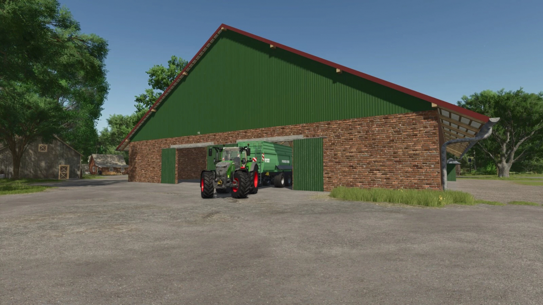 Machinery Hall mod in FS25 with tractor exiting a large green barn, adding realism to Farming Simulator 25 gameplay.