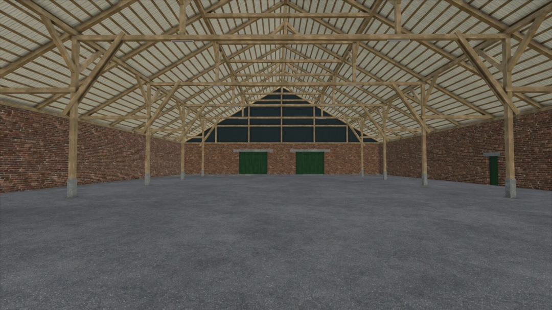 Interior view of Machinery Hall mod in Farming Simulator 25 with wooden beams and brick walls.