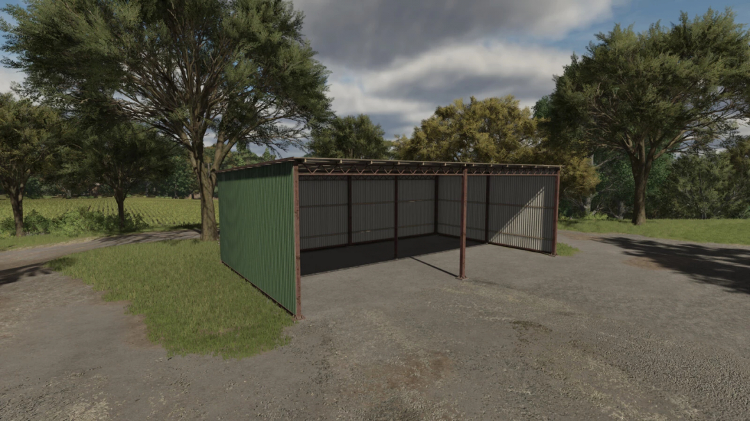 Open machinery shed in FS25 mod, surrounded by trees.