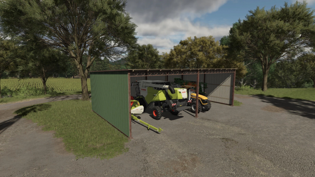 FS25 Machinery Shed v1.0.0.0 mod featuring farm equipment inside a green shed with surrounding trees.