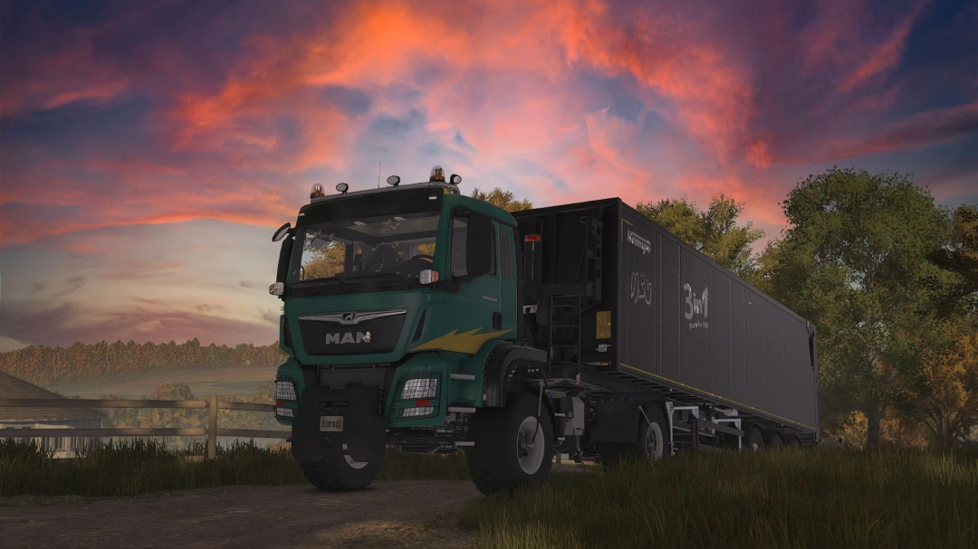 FS25 mod Man TGS AGRI v1.0.0.3 truck with trailer under a colorful sky in Farming Simulator 25.