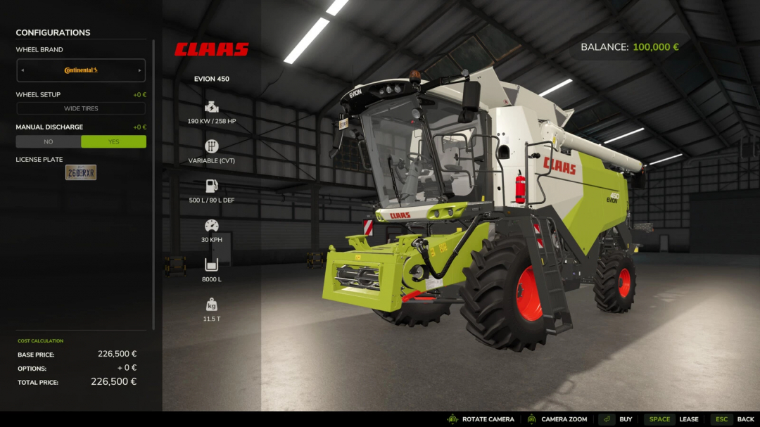 FS25 mod Manual Discharge v1.0.0.1 shows Claas Evion 450 harvester configuration options in a garage setting.