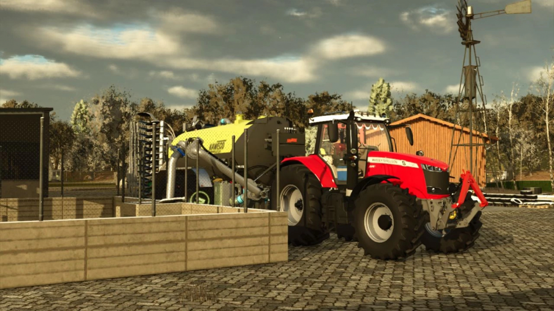 FS25 mod Massey Ferguson 7720S tractor next to equipment in farm setting.