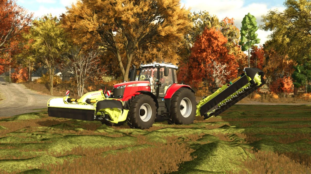 Massey Ferguson 7720S mod in FS25, featuring a red tractor with attachments, set against an autumn backdrop.