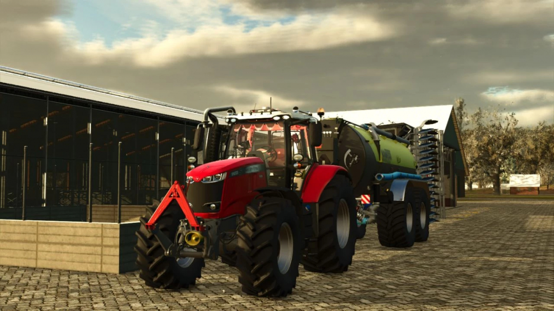 FS25 mod Massey Ferguson 7720S tractor parked near barn, showcasing detailed edits.