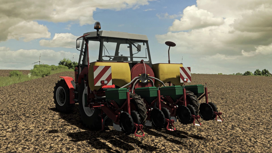 FS25 mod Meprozet S100 v1.0.0.0, a tractor in a field with planting equipment under a cloudy sky.