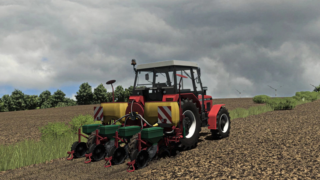 A tractor with a planter tool in a field, part of FS25 mods. Farming Simulator 25 mods display realistic agriculture equipment.