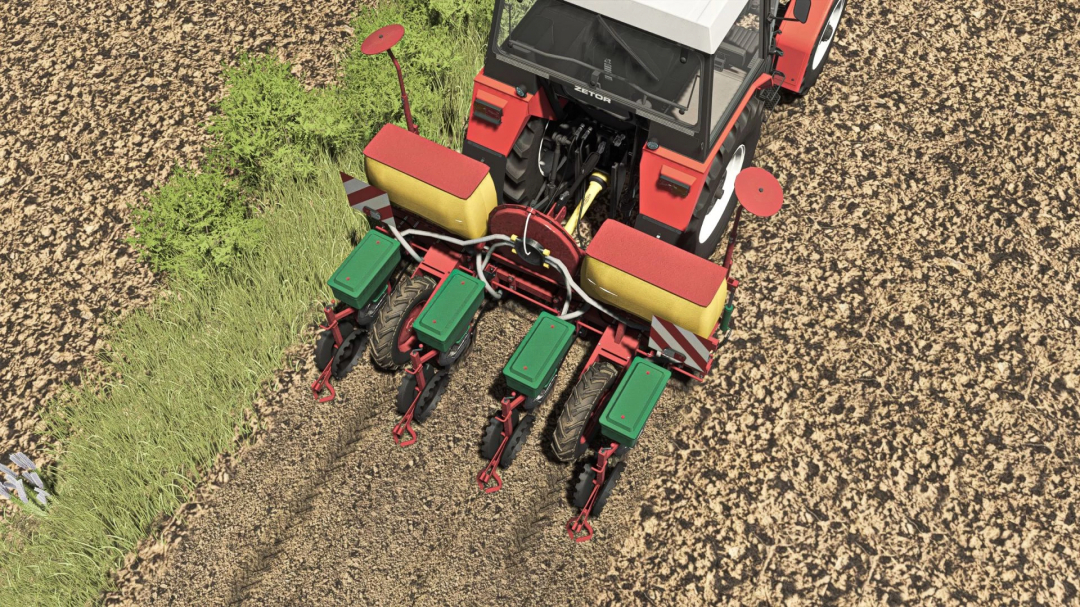 FS25 mod Meprozet S100 v1.0.0.0 showing a tractor seeding on tilled soil.