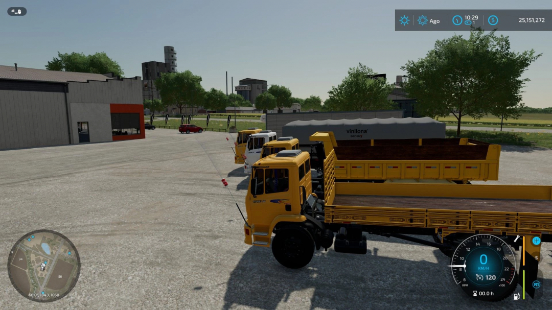 FS22 Mercedes 1720 mod featuring yellow trucks in a farm setting.