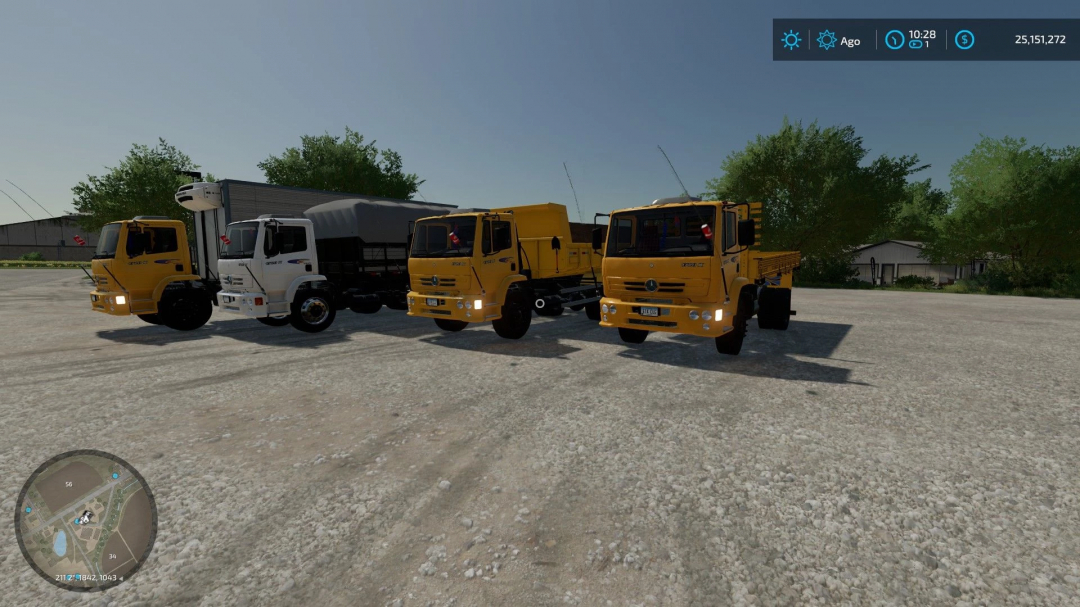 FS22 Mercedes 1720 mod showcasing four trucks in a parking lot. Farming Simulator 22 mods.